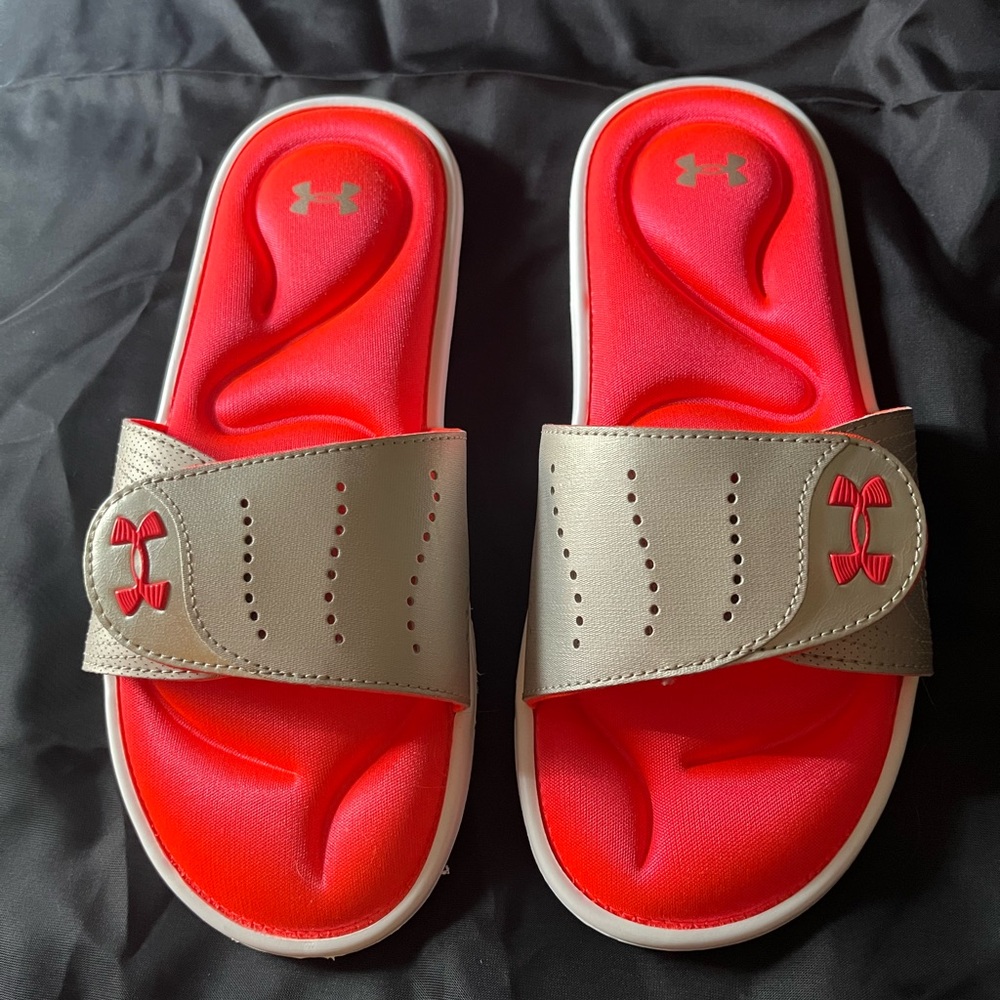 Under Armour Orange  Red and Gray Slide Sandals